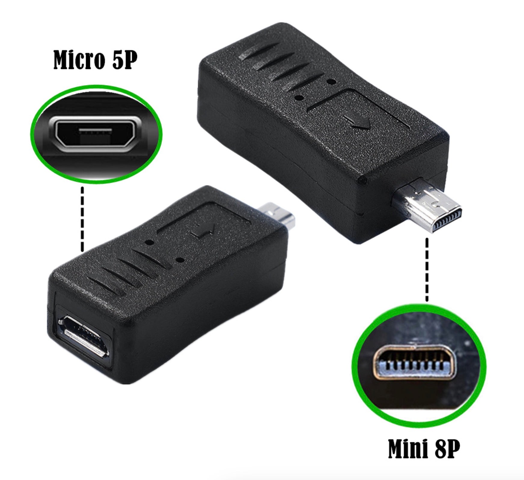 Micro USB female to 8-pin Mini-B male adapter for camera data sync and power extension