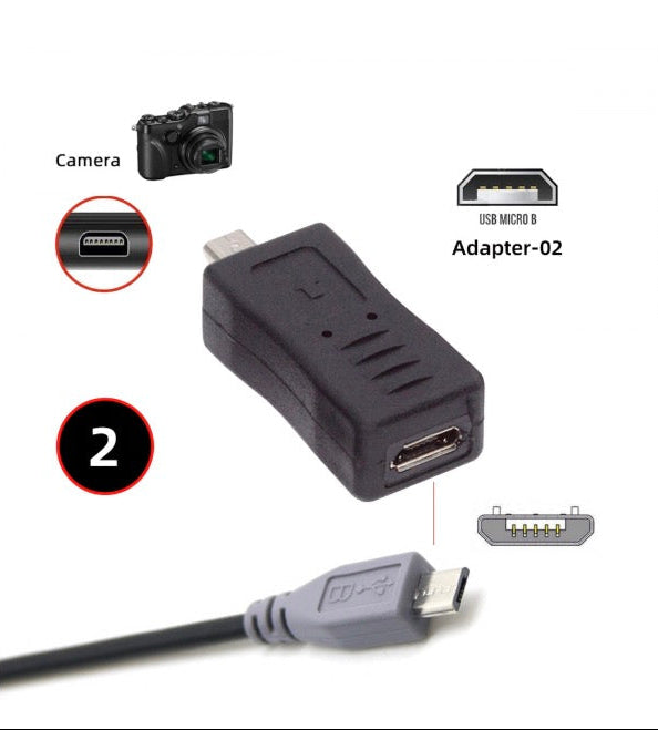 Micro USB female to 8-pin Mini-B male adapter for camera data sync and power extension