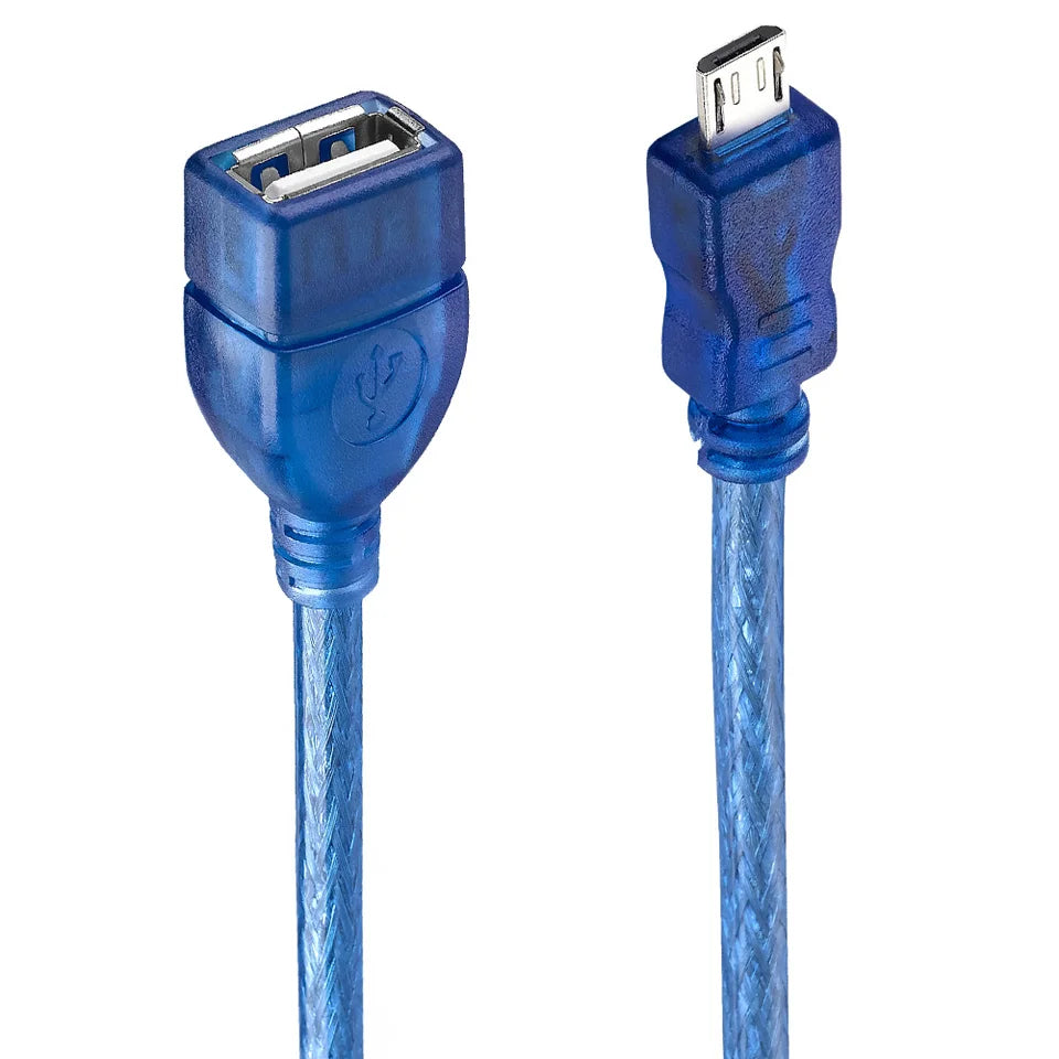 A blue micro 5Pin B male to USB 2.0 A female OTG extension cable with braided shielding and a hard-wearing PVC jacket.