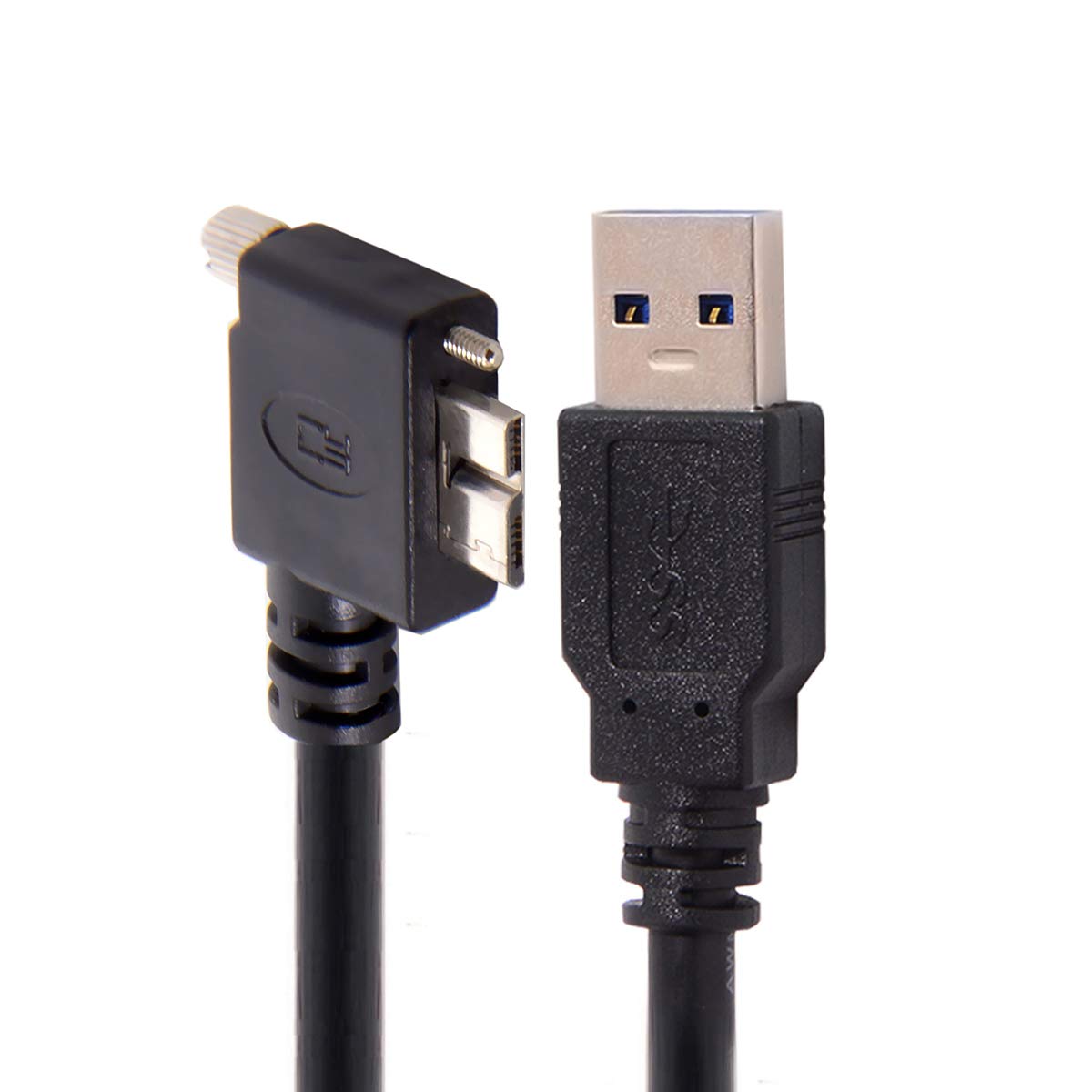 Black USB cable with angled micro-USB connector on a white background