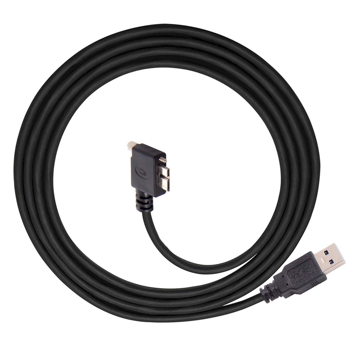 Coiled black USB cable with connectors on a white background