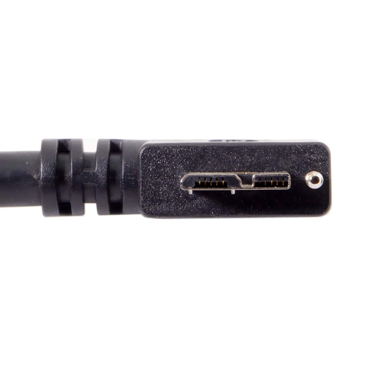 Close-up of a black cable connector on a white background