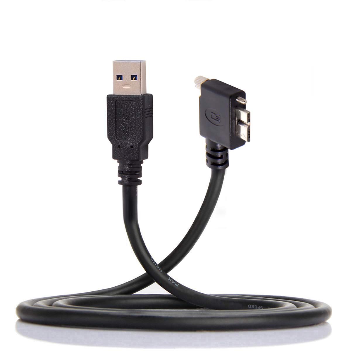 Black USB cable with one end being a standard USB connector and the other end being a smaller connector, on a white background.