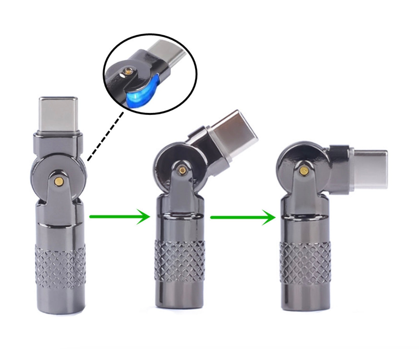 Three metallic connectors with a close-up inset showing a blue light, on a white background.