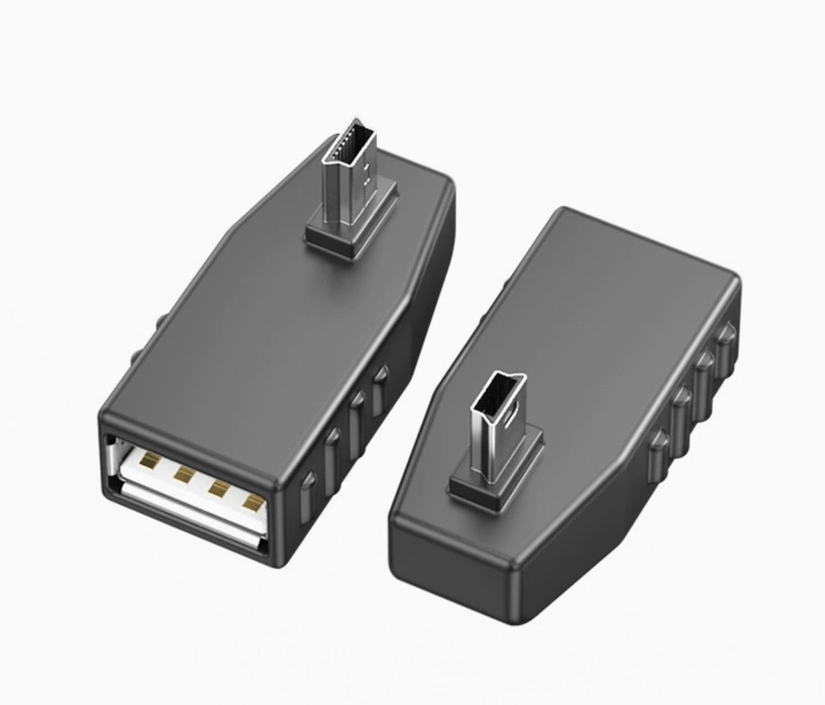 A set of USB adapters including a Mini-USB 5Pin Male to USB 2.0 A Female OTG Adapter Converter in black and gray colors.