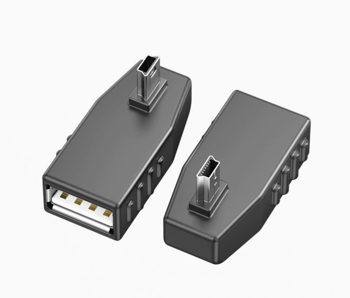 A set of USB adapters including a Mini-USB 5Pin Male to USB 2.0 A Female OTG Adapter Converter in black and gray colors.