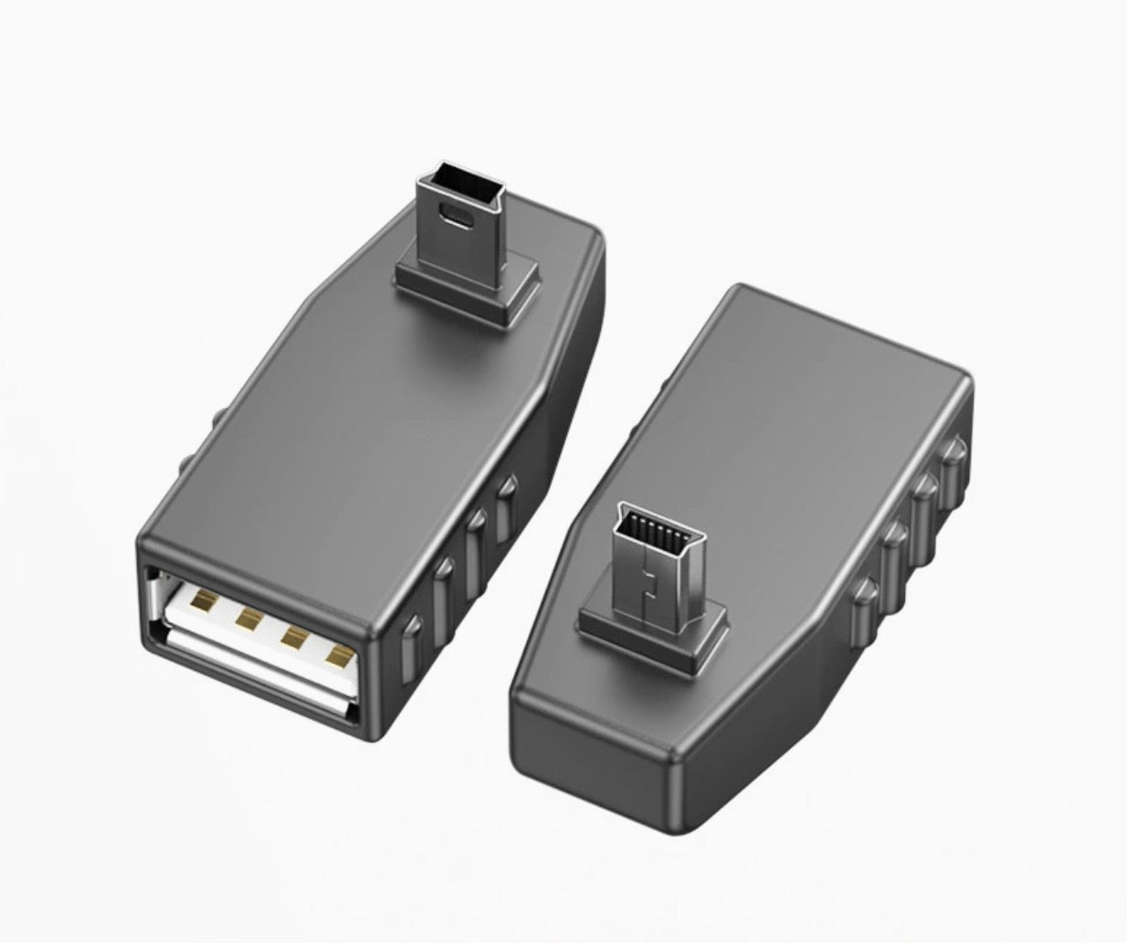 A set of USB adapters including a Mini-USB 5Pin Male to USB 2.0 A Female OTG Adapter Converter in black and gray colors.