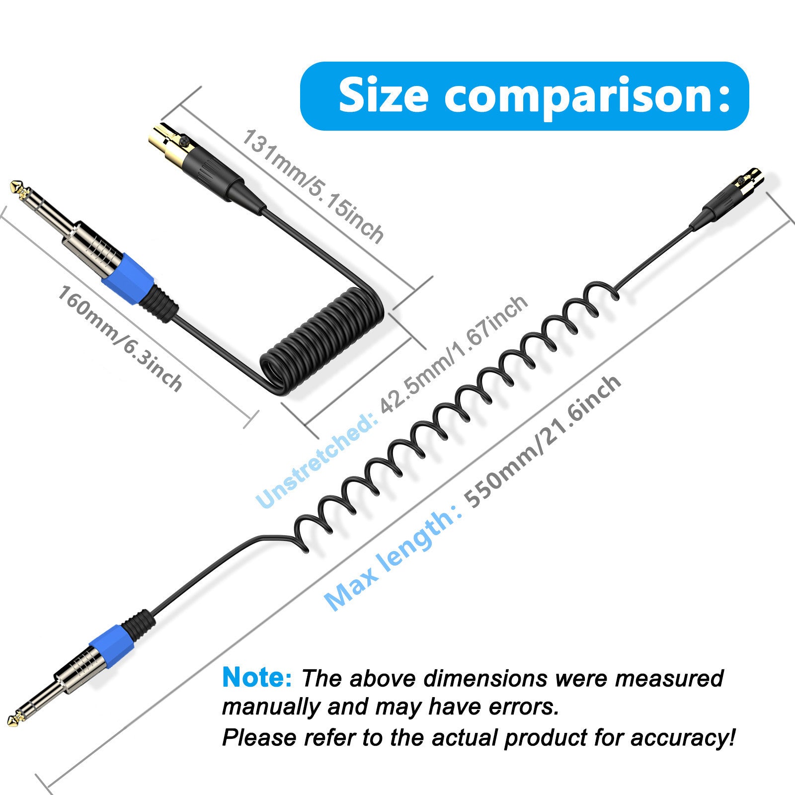 Mini 3 Pin XLR to 6.35mm Stereo Cable,  1/4 inch TRS to Mini Female XLR Microphone Aux Audio Coiled Cord