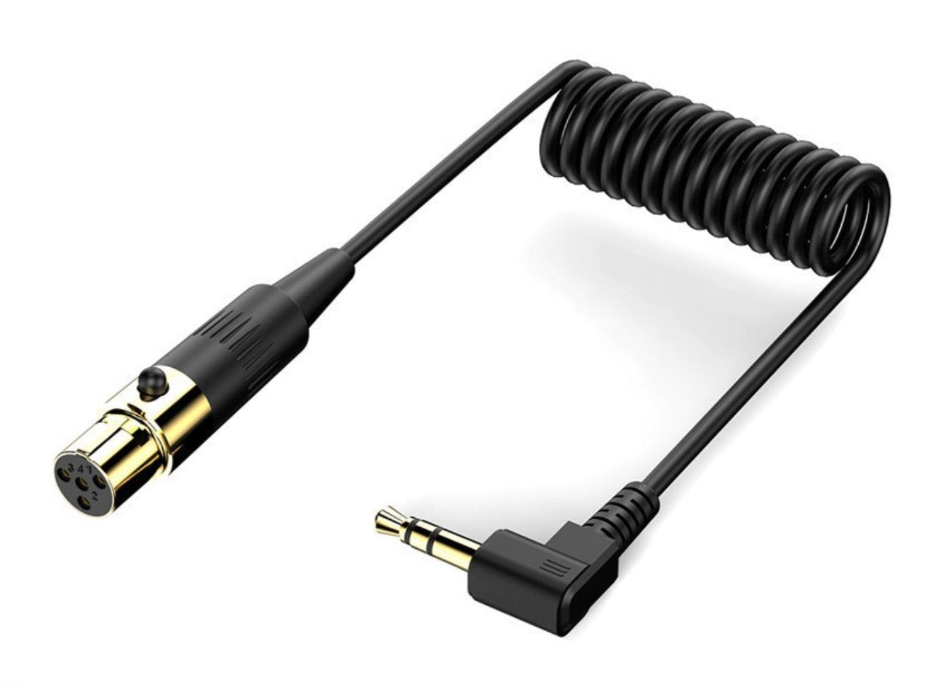 A black coiled audio cable with a 4-pin XLR female connector on one end and a 3.5mm TRS male connector on the other end.
