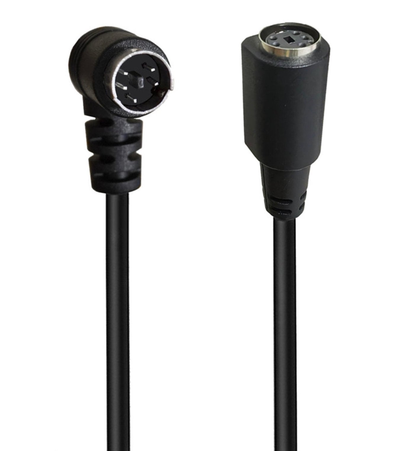 The image shows a black Mini DIN 5 Pin Core Audio Video Extension Cable with a male angled connector on one end and a female S-video connector on the other end.