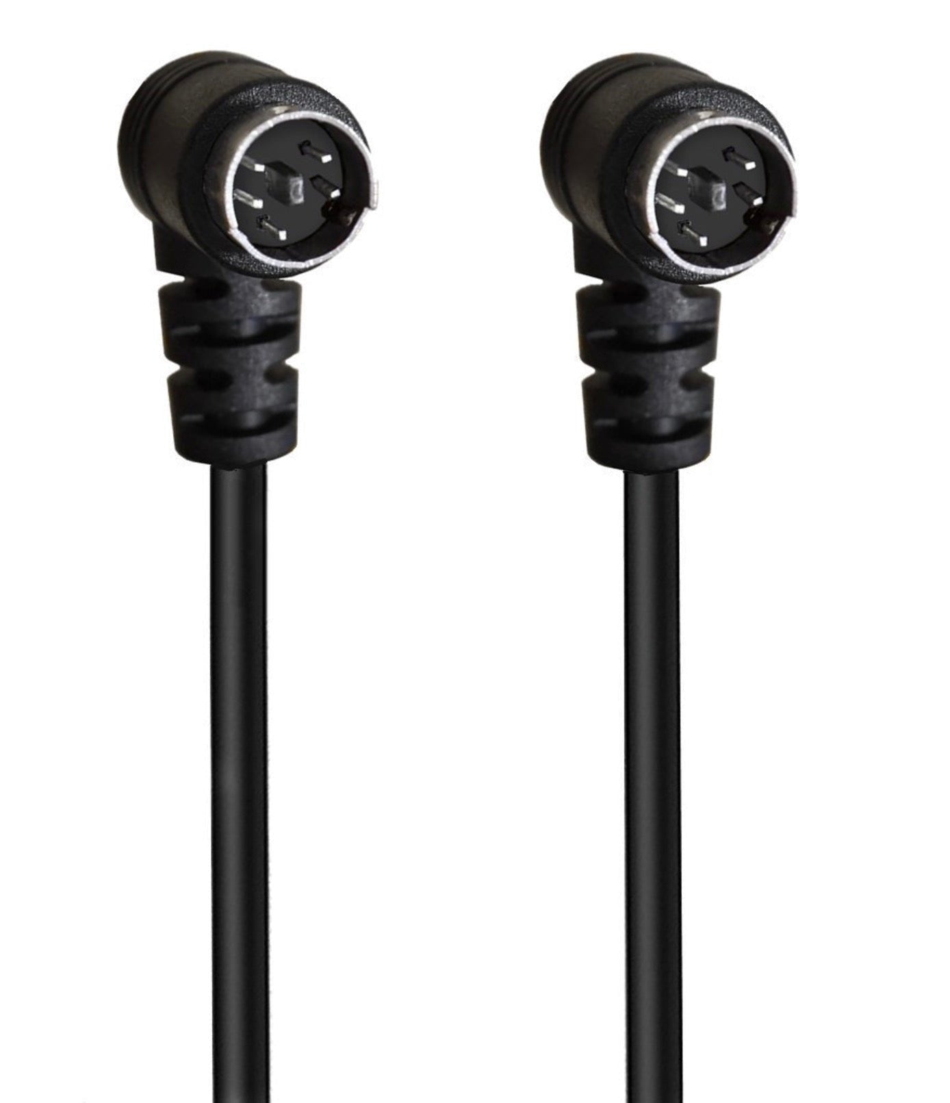 The image shows a black Mini DIN 5 Pin Core Audio Video Extension Cable with male to male S-video connectors on both ends.