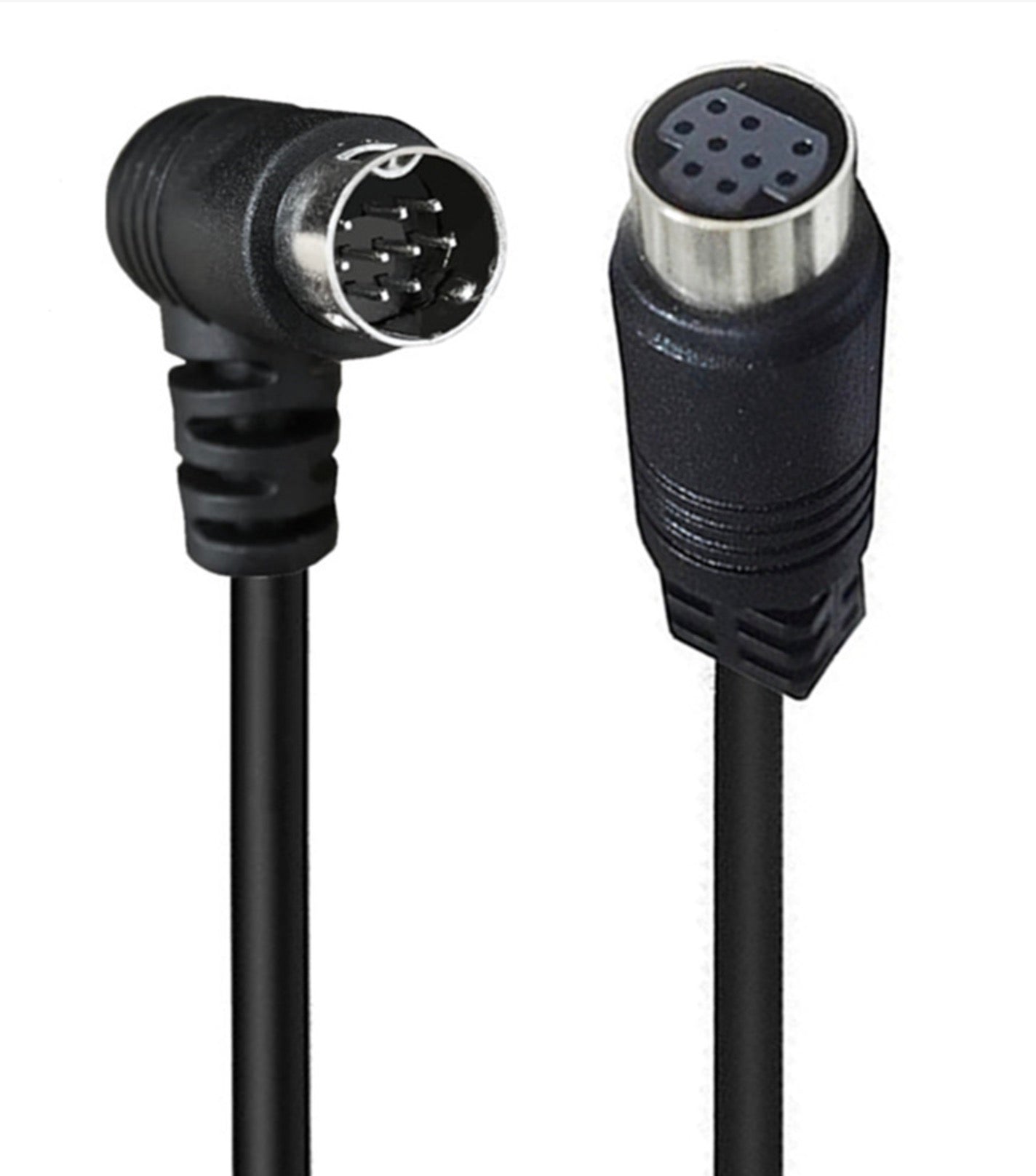 A black Mini DIN 9 Pin Male to 9 Pin Female S Video Cable with angled connectors on both ends.