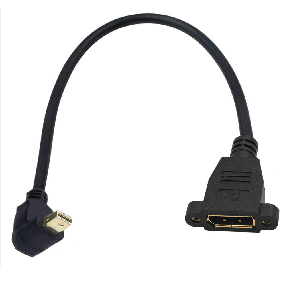 A black Mini DisplayPort Male to DisplayPort Female panel mount extension cable.