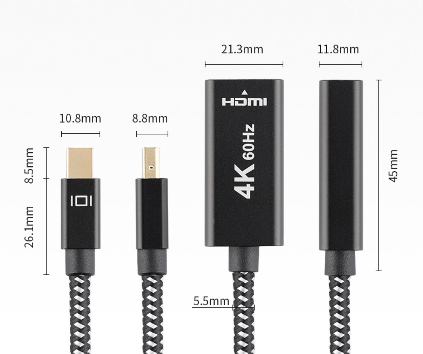 HDMI cable with measurements on a white background