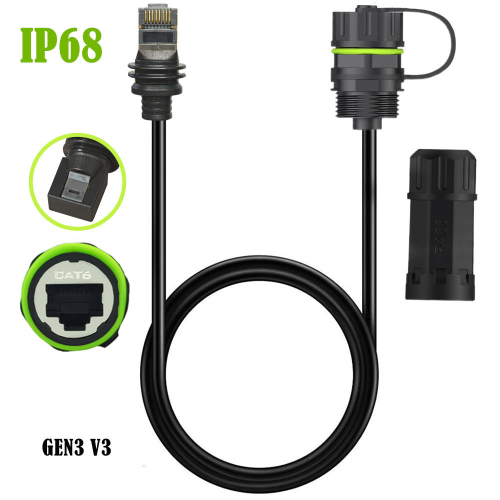 Black cable with connectors and 'IP68' rating on a white background