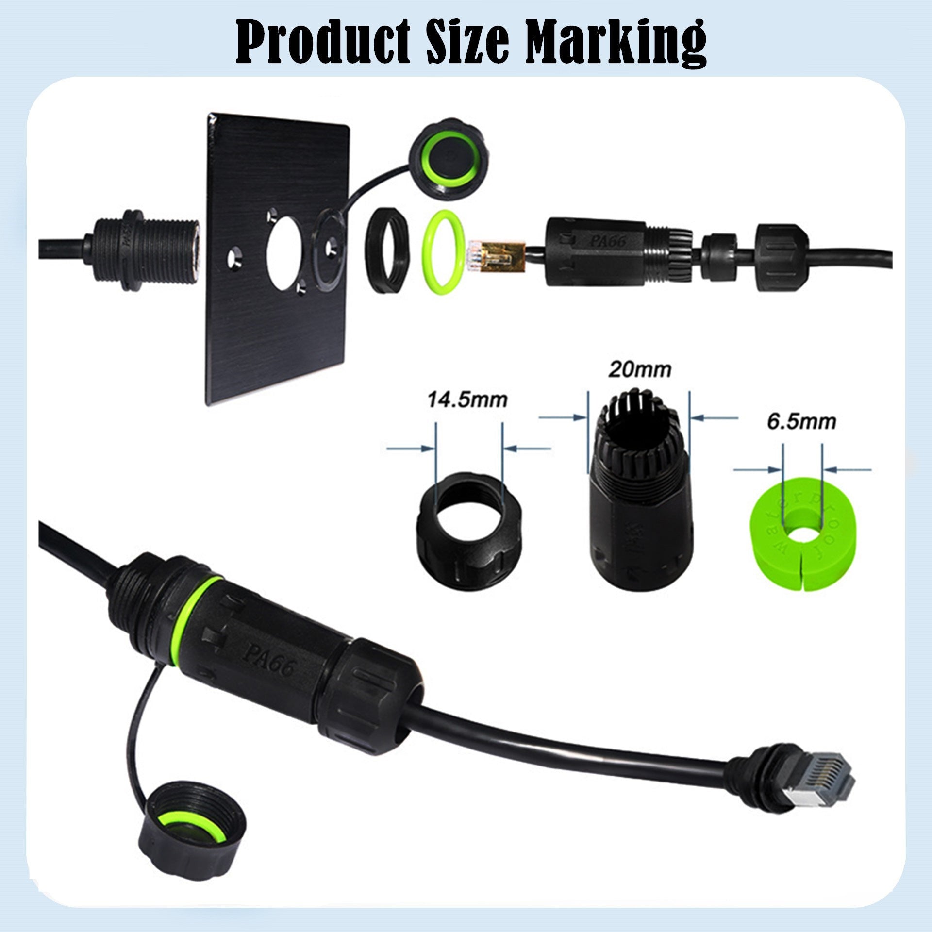 Electrical connectors with size markings on a light blue background