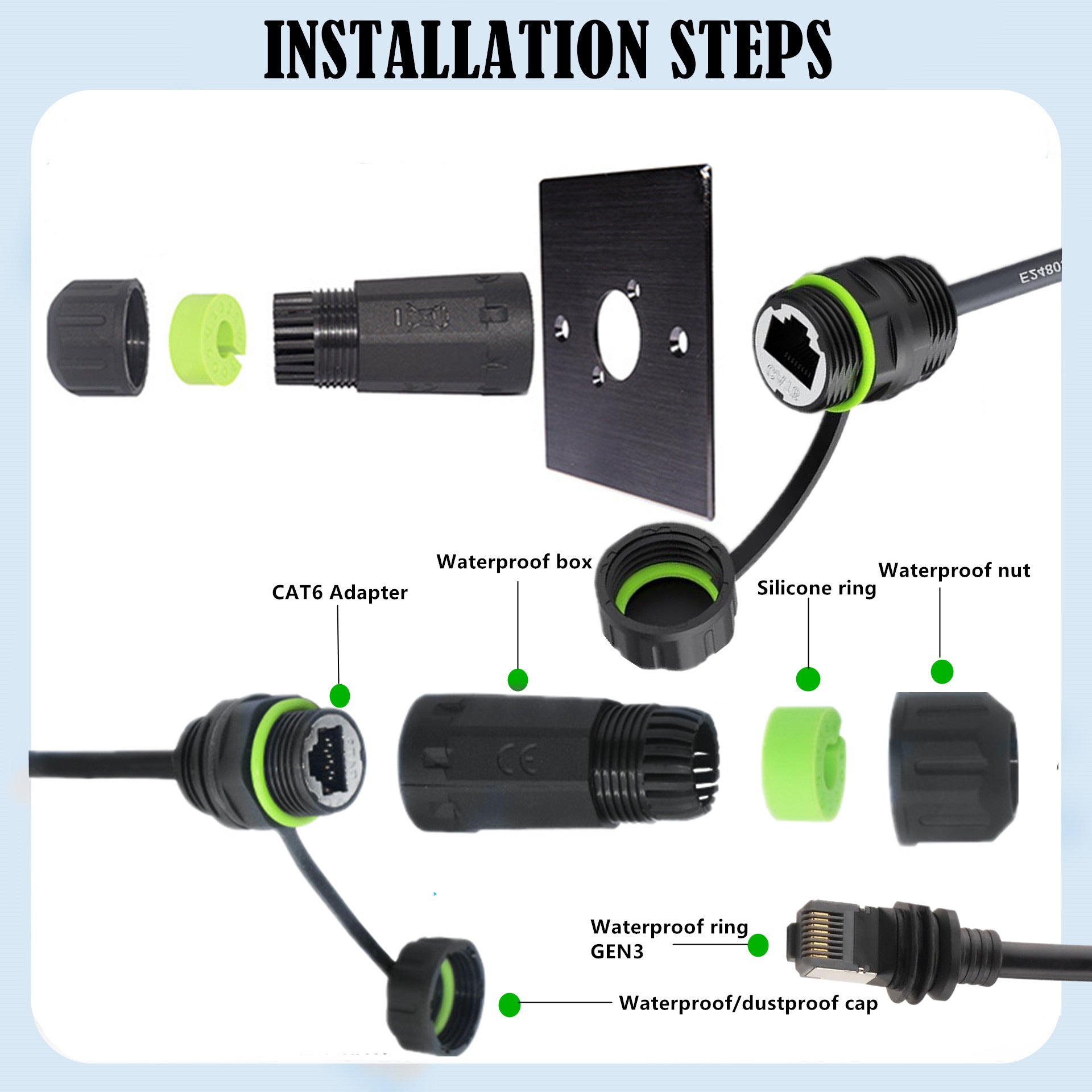 Diagram of installation steps for electronic components with labeled parts.
