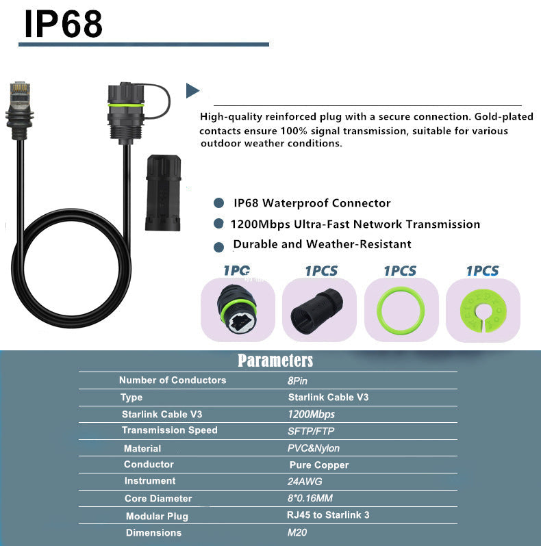 Starlink cable V3 with IP68 waterproof connector and specifications on a white background