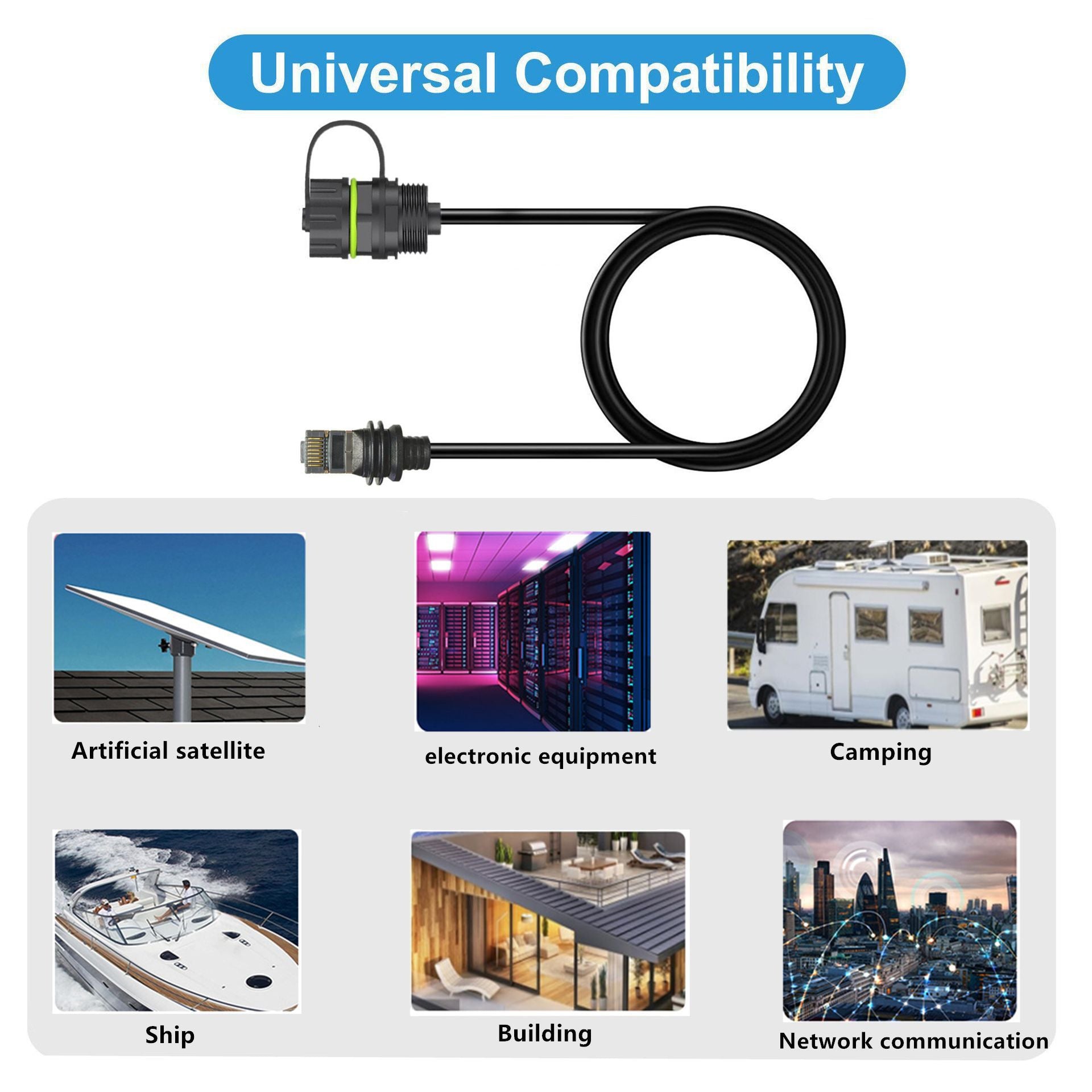 Cable with connectors on a white background, labeled 'Universal Compatibility' with images below.
