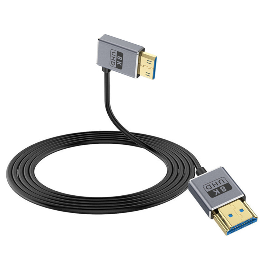 A black mini HDMI to HDMI 2.1 coaxial cable with a left angle connector on one end and a standard HDMI connector on the other.