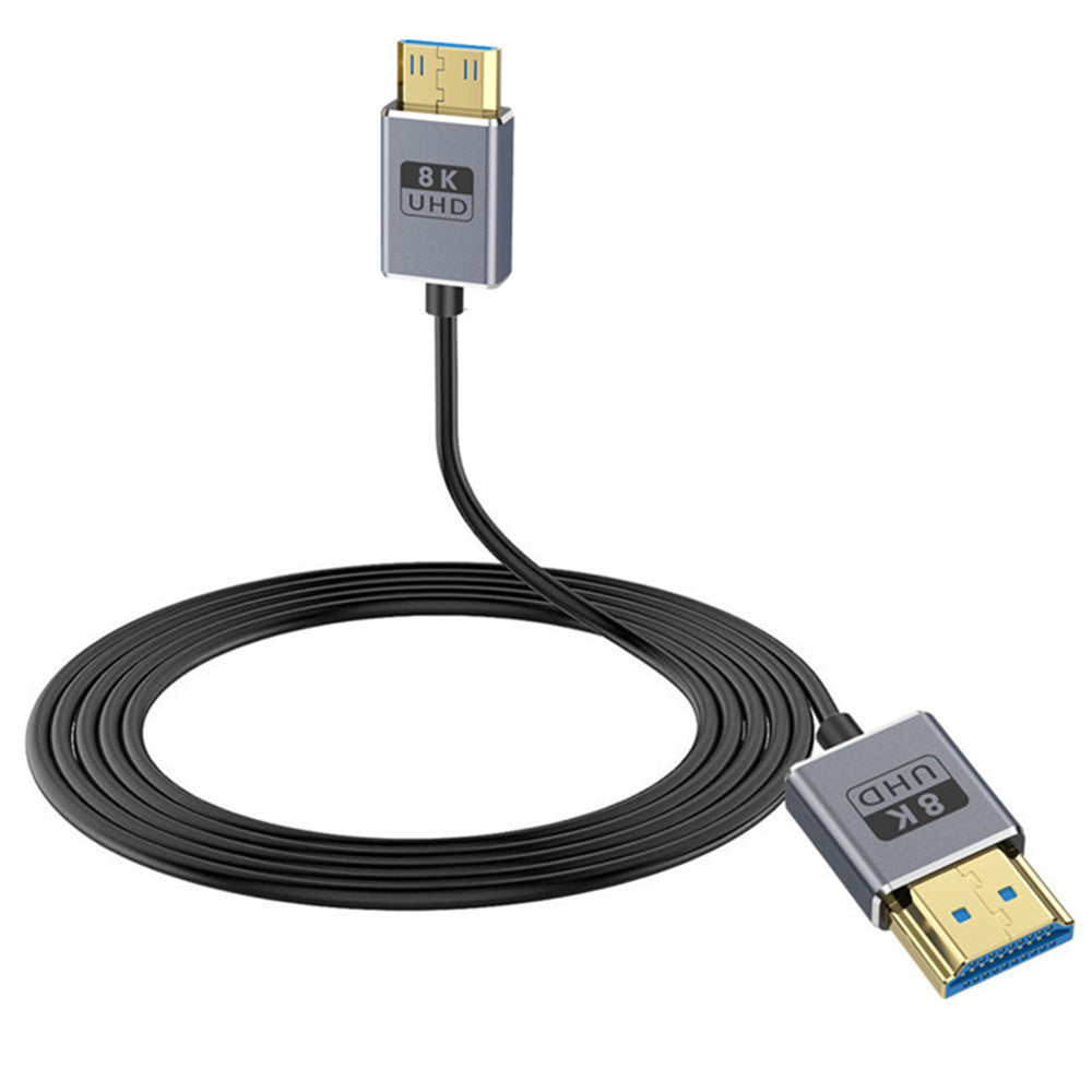 A black mini HDMI to HDMI 2.1 coaxial cable with double-layer shielding and Teflon insulation.