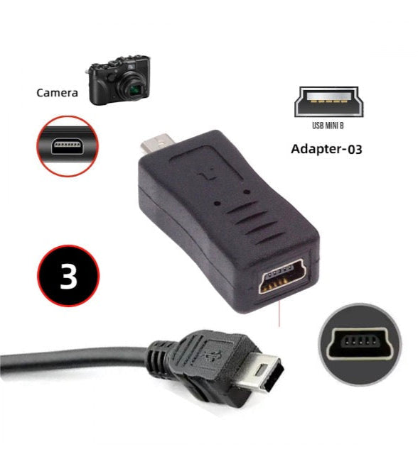 Mini USB 5-pin female to 8-pin Mini-B male adapter for camera data sync and power extension