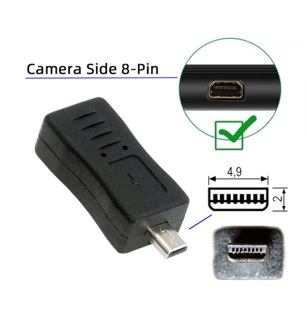 Mini USB 5-pin female to 8-pin Mini-B male adapter for camera data sync and power extension
