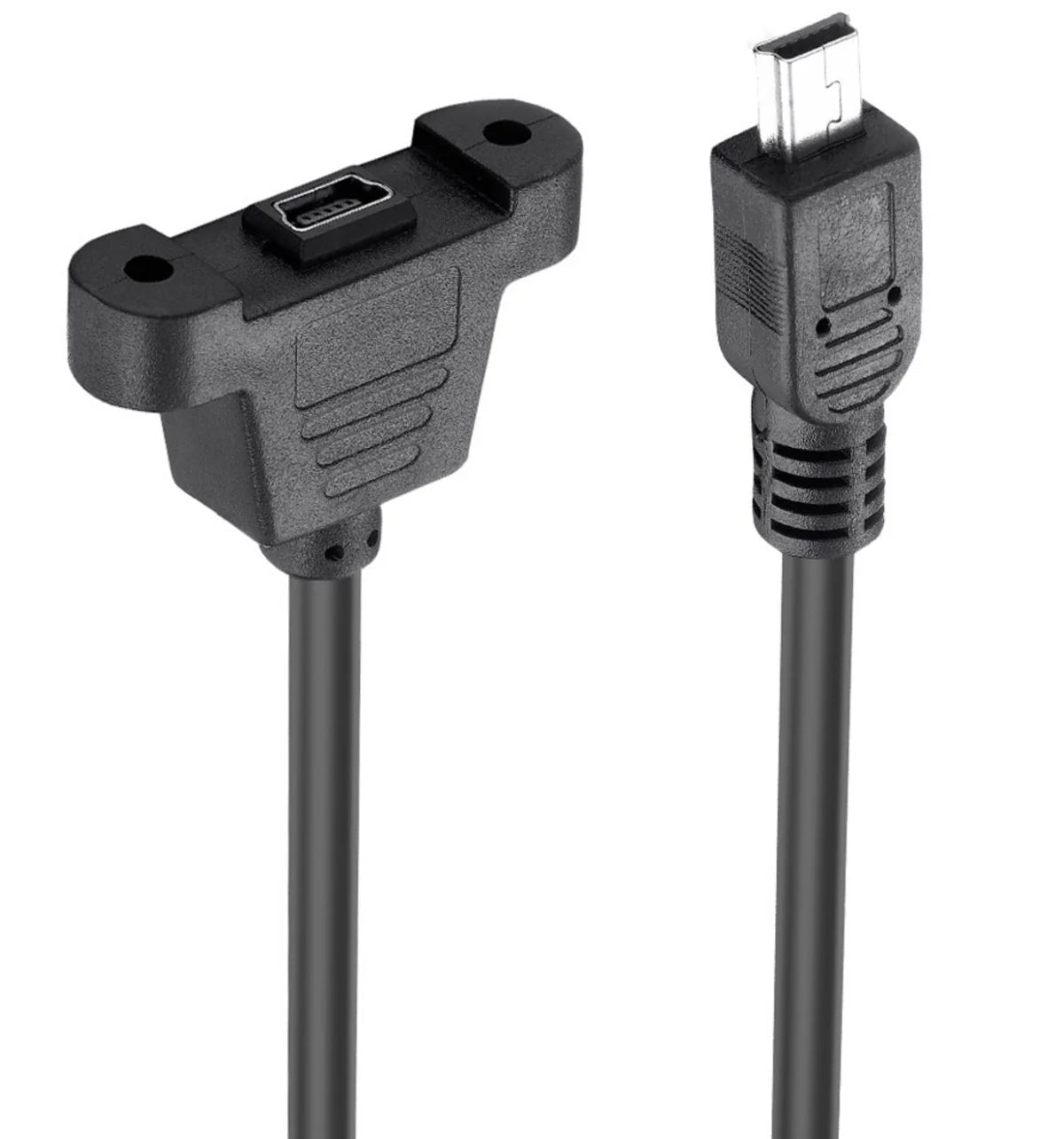 A black mini 5Pin male to female panel mount extension cable with a special panel mount on the female connector.
