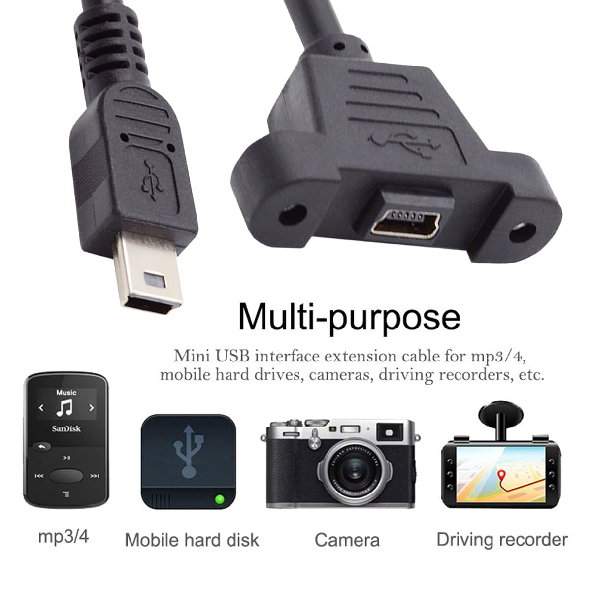 Mini USB 2.0 panel mount extension cable black