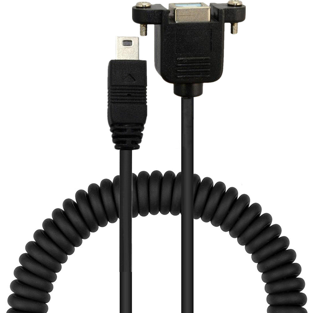 A black coiled extension cable with a 5 pin mini USB male connector on one end and a USB Type B female connector on the other, designed for panel mounting.