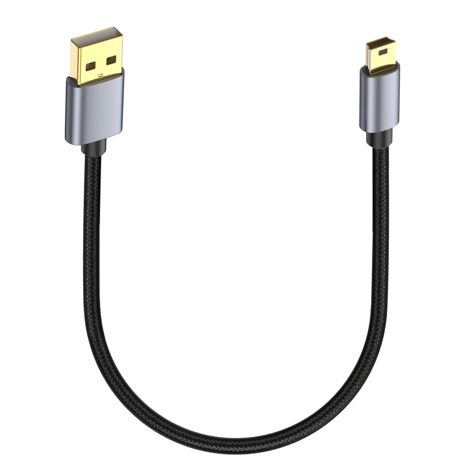 A black Mini 5Pin USB cable with a USB 2.0 Type A Male connector on one end and a Mini B Data Sync Charging Cable on the other.