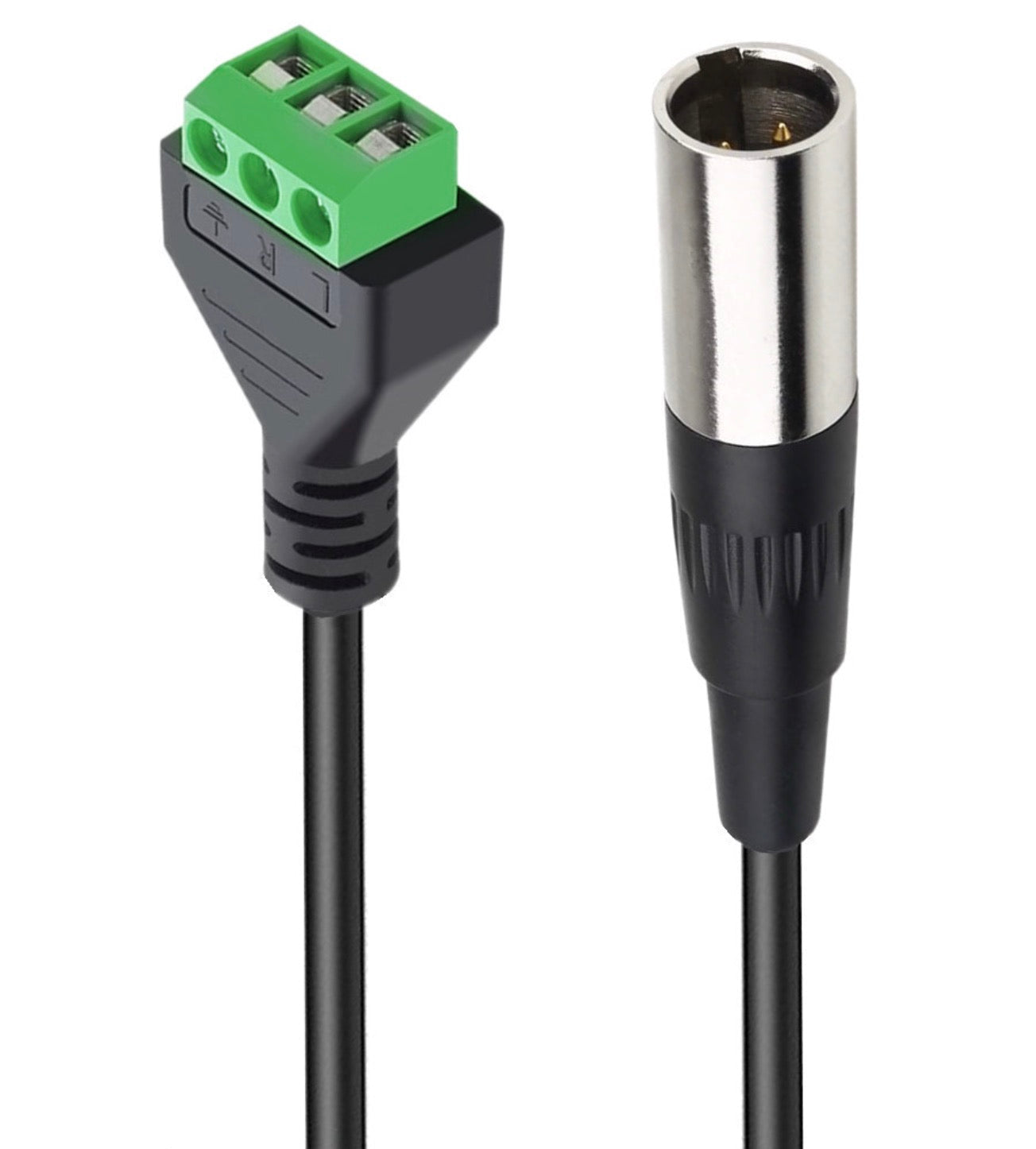 The image shows a black mini XLR screw terminal block audio cable with a male Mini XLR connector on one end and a 3-pin way female bolt screw connector on the other. The cable is colored black and is designed for audio connections.
