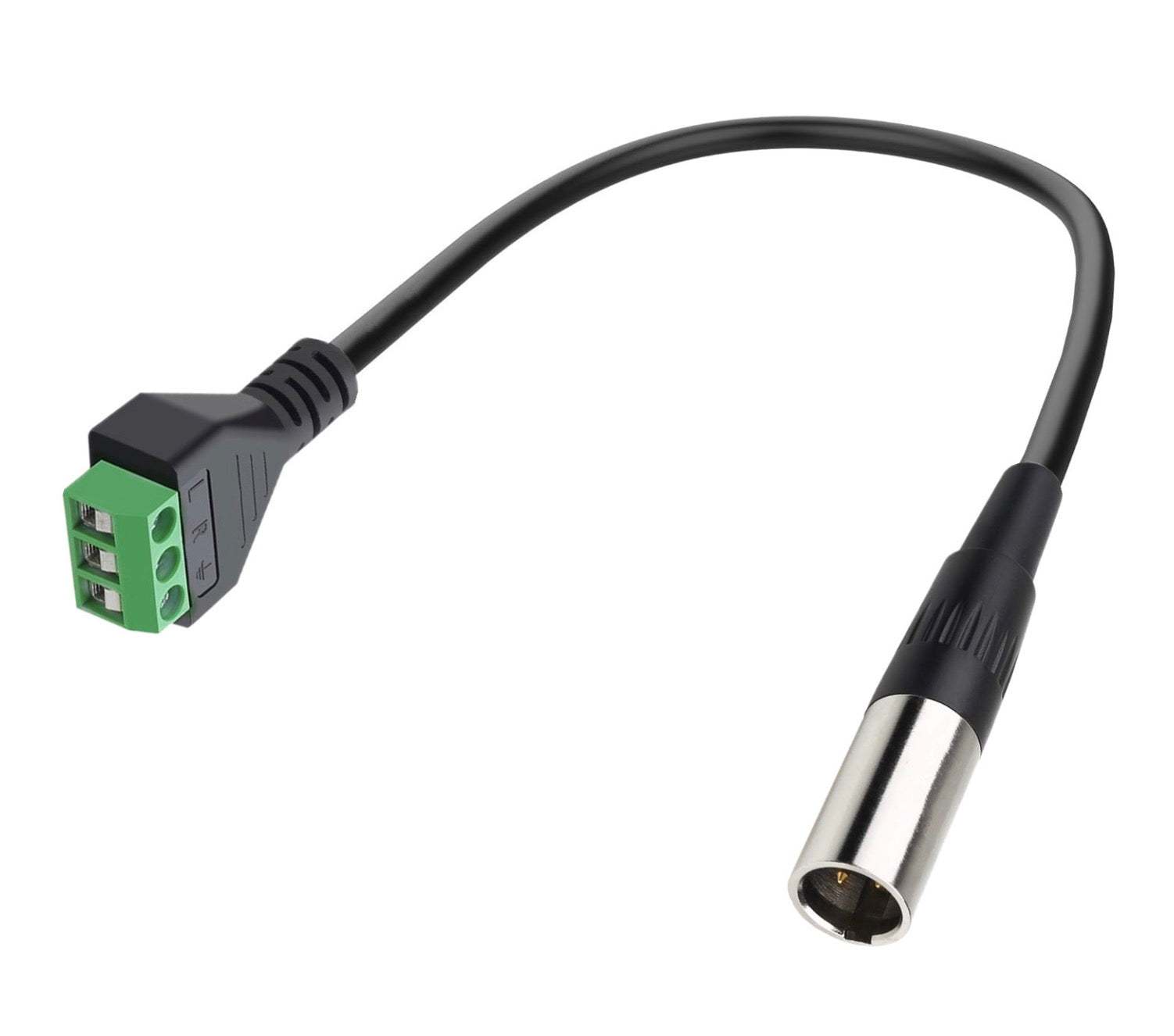 Mini XLR breakout lead with green 3-way screw terminal connector