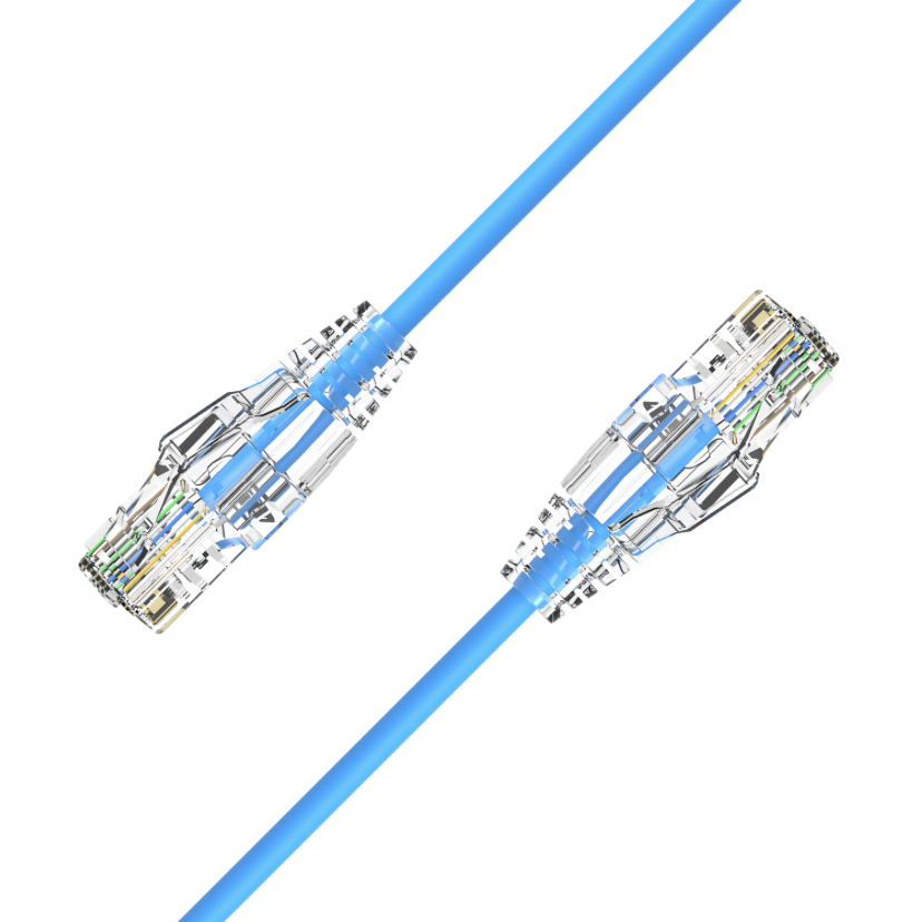 Mini/slim Cat6A U/UTP 28AWG Ethernet patch cable with clear boot and RJ45 plugs