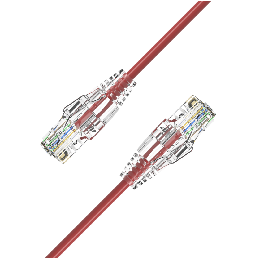 Mini/slim Cat6 U/UTP 28AWG patch cable with clear boot and gold-plated RJ45 plugs