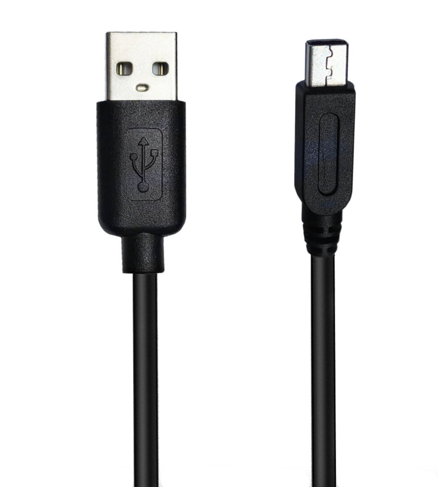 Black USB cable with one end being a standard USB connector and the other an micro USB connector on a white background.