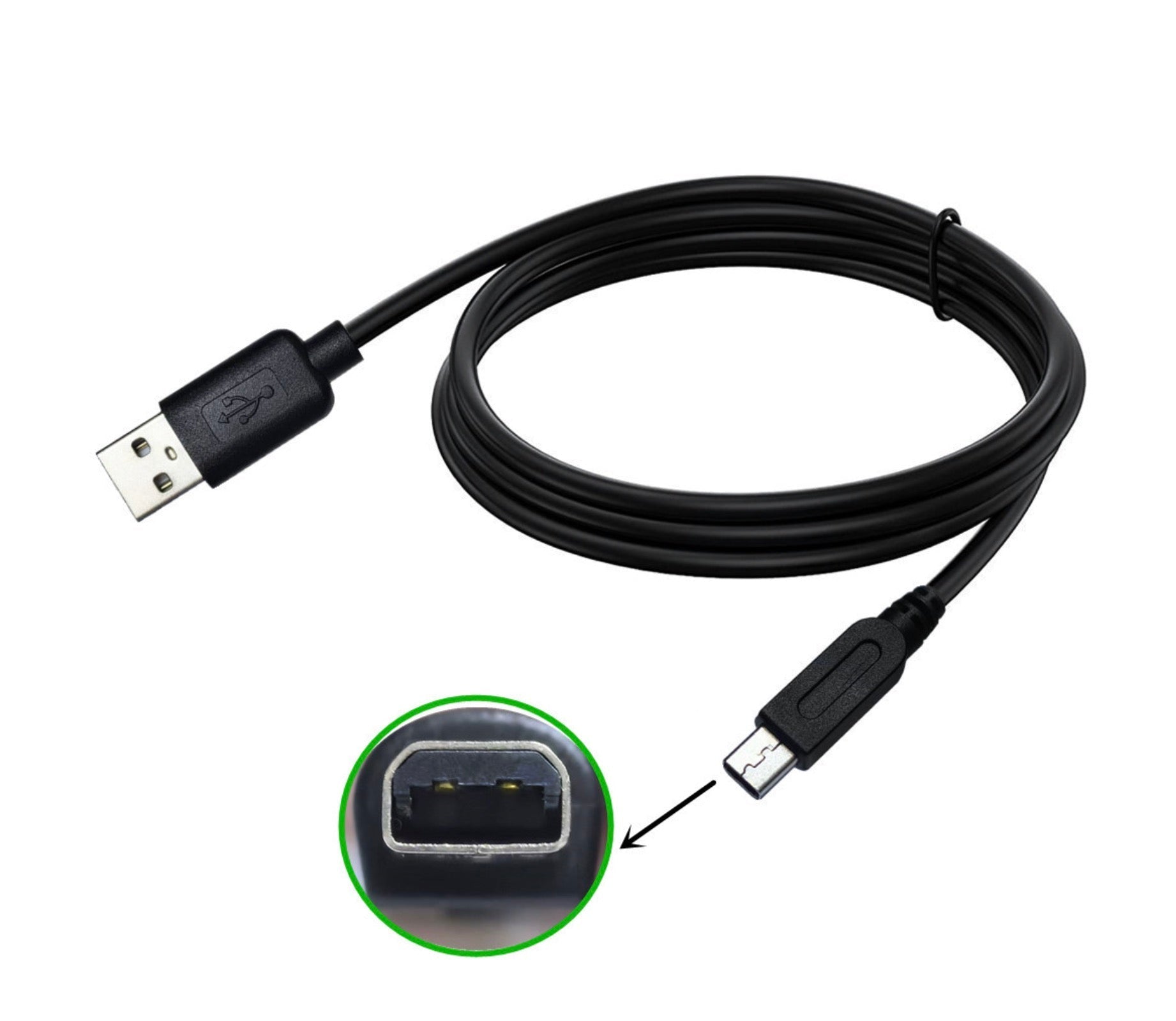 Black USB cable with close-up of USB connector on a white background