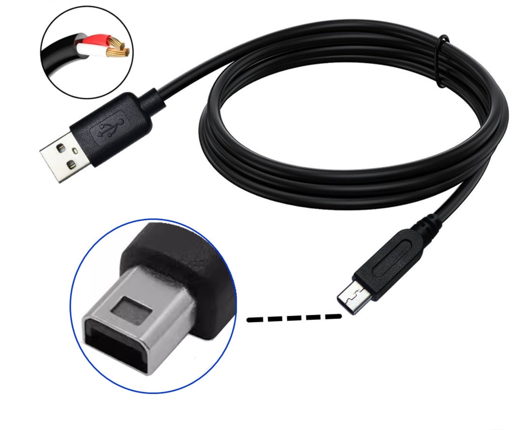 Black USB cable with close-up insets of connectors on a white background