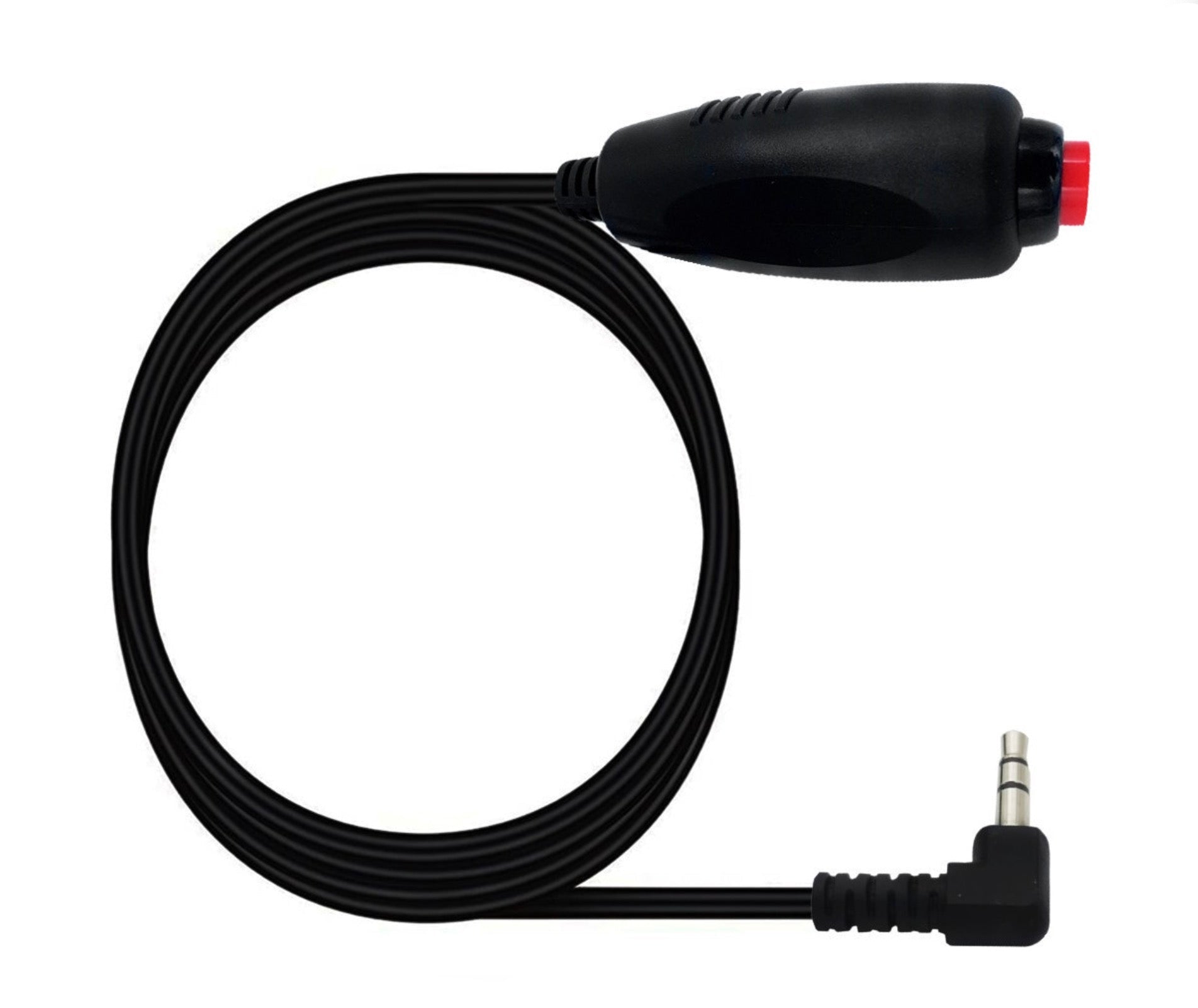Black audio cable with 3.5mm plug on a white background