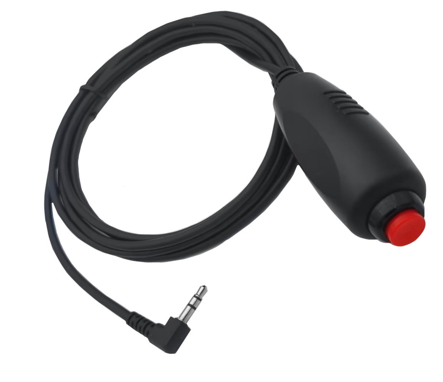 Black cable with a red button and 3.5mm audio plug on a white background