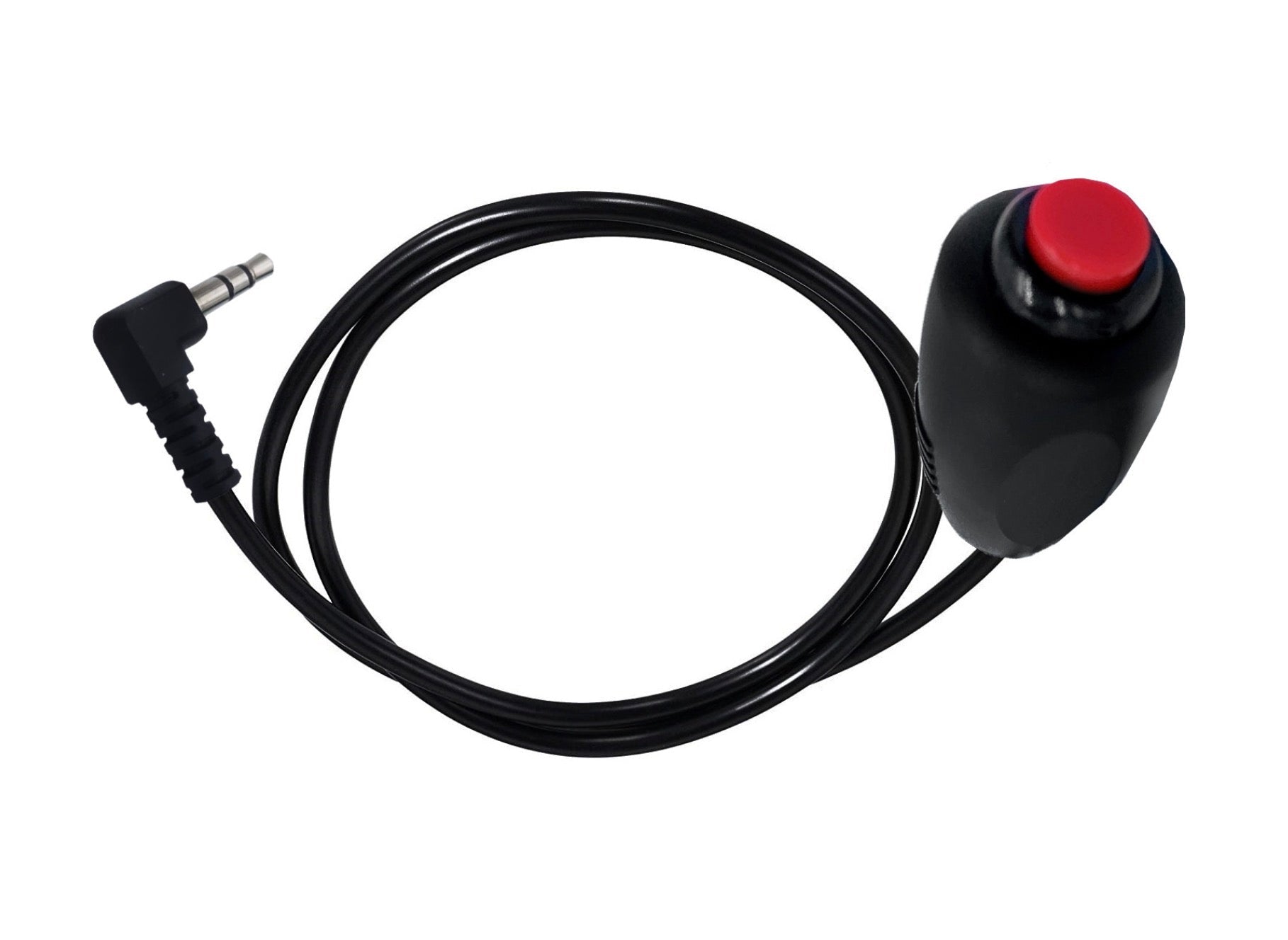 Black control joystick with red button and cable on a white background