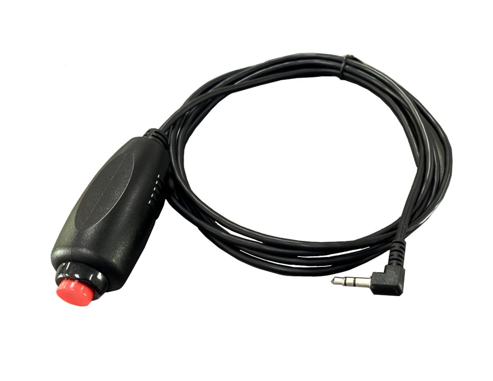 Black cable with a red button and 3.5mm plug on a white background