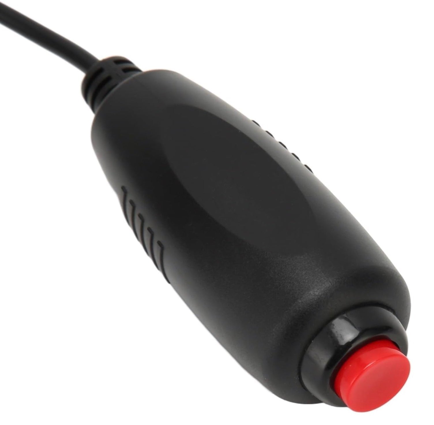 Black electronic component with a red button on a white background