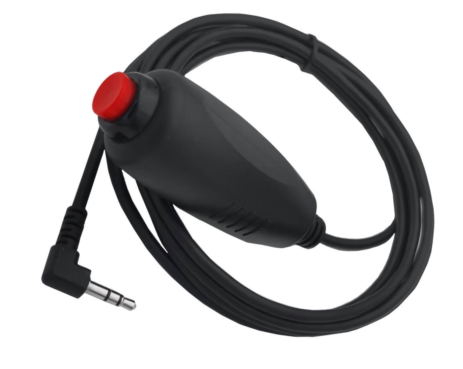 Black control with red button and cable on a white background