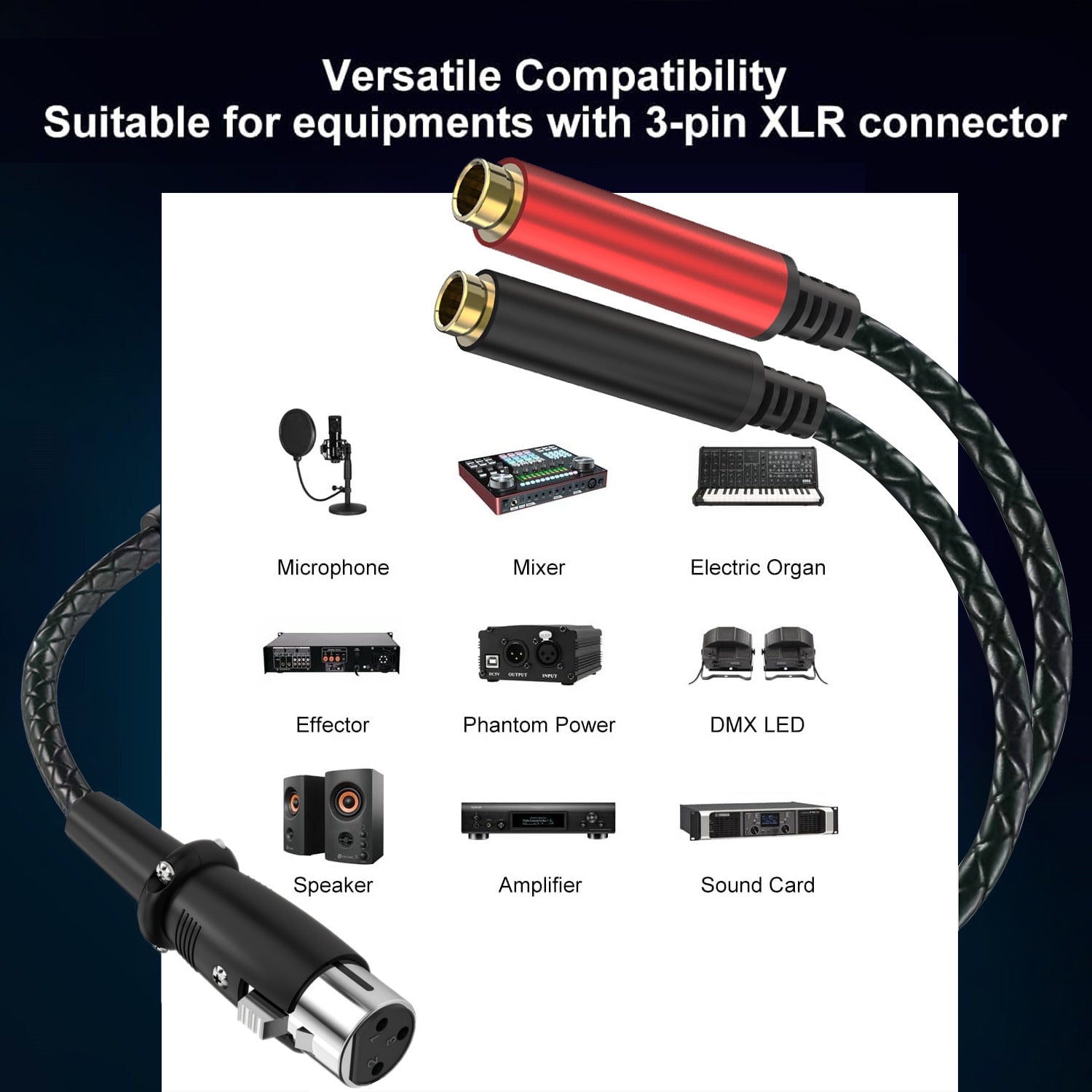 3-Pin XLR Female to Dual 6.35mm TRS Female Audio Splitter Cable
