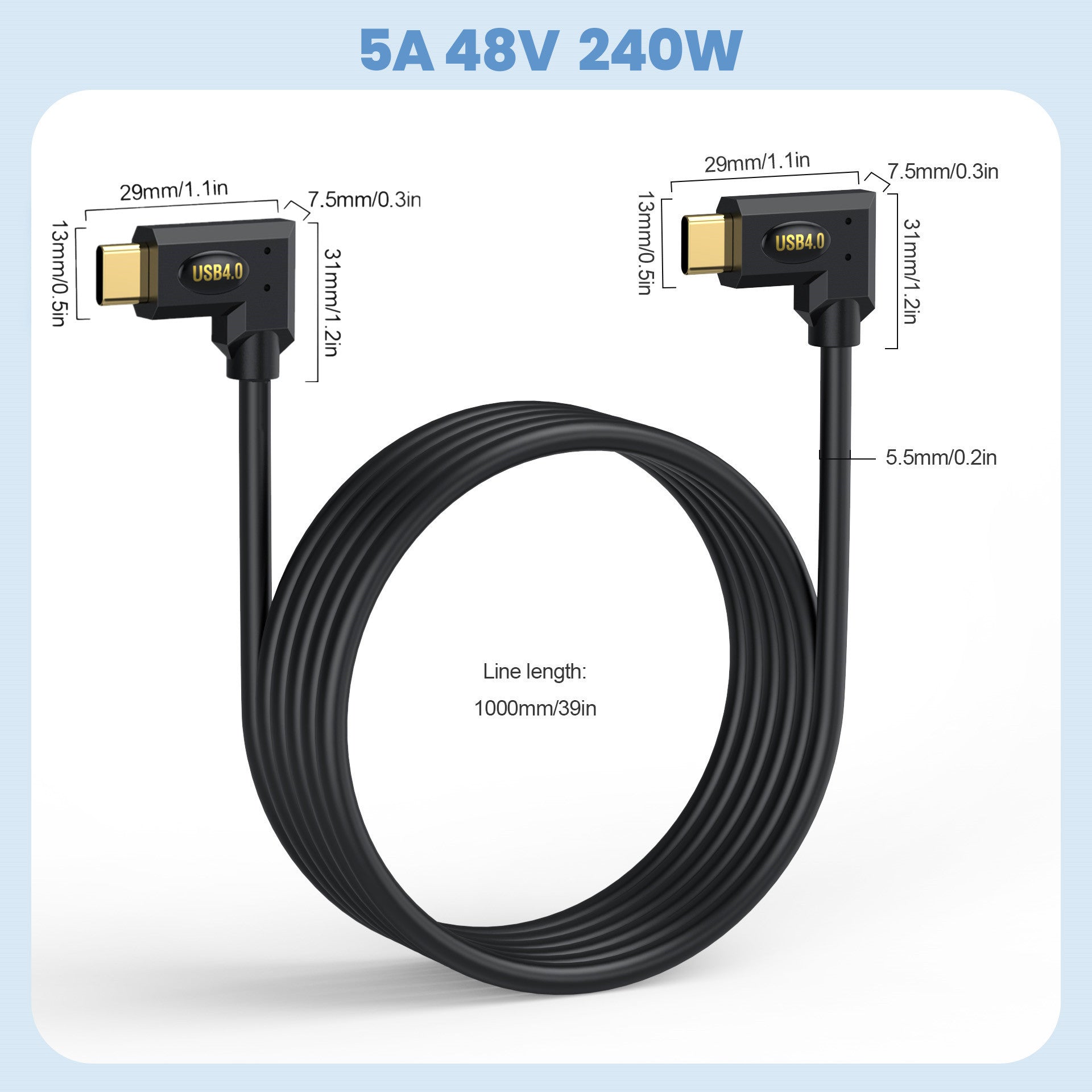 USB C High Speed Transmission USB4 Angled Cable 240W 40Gbps 8K 60H