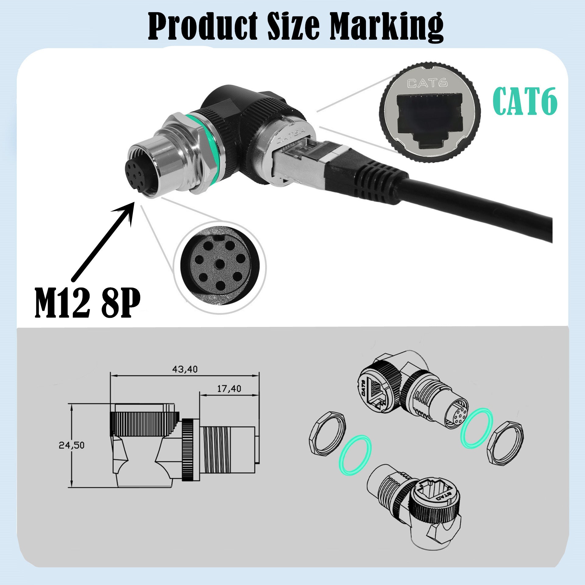 Technical diagram of a M12 8P connector and CAT6 cable with size markings.