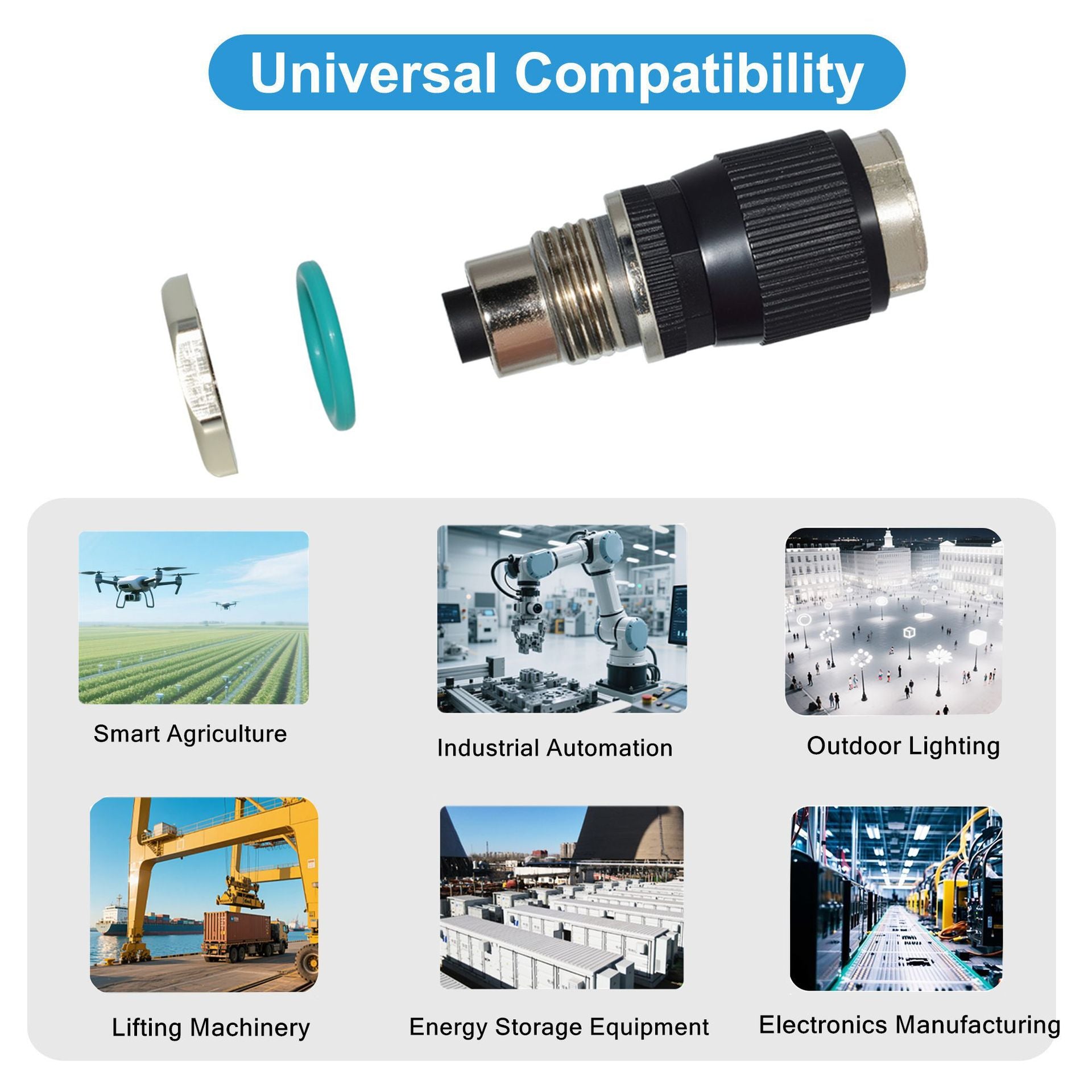 Technical component with 'Universal Compatibility' text and applications in various industries.