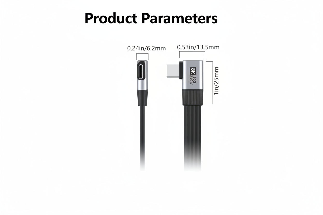 Measurement details of a cable with connectors on a white background