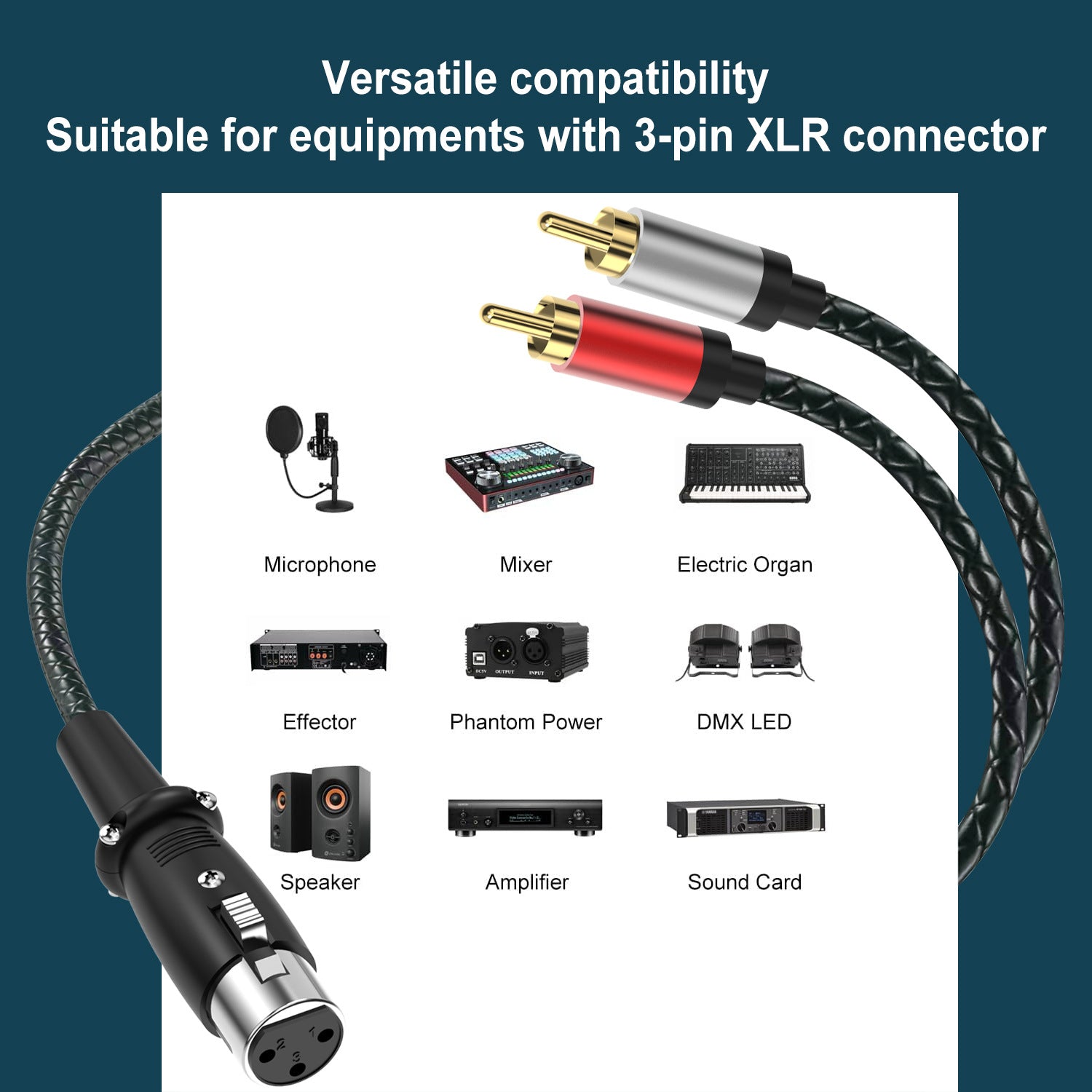 XLR Female to Dual RCA Male Y Splitter Cable – 3 Pin XLR to 2 RCA Stereo Audio Adapter